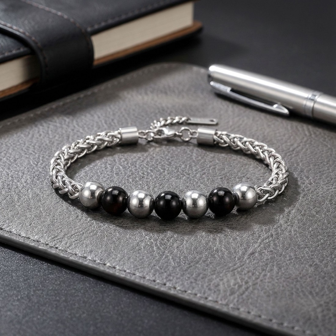 Siyah Beyaz Çelik Top Ayarlanabilir Çelik Zincir Erkek Bileklik