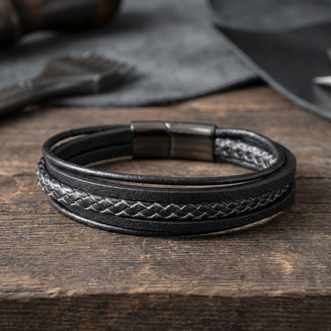 Siyah Beyaz Çoklu Deri Bileklik