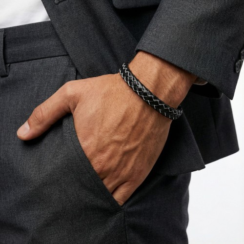 Siyah Beyaz Deri Örgü Çelik Bileklik