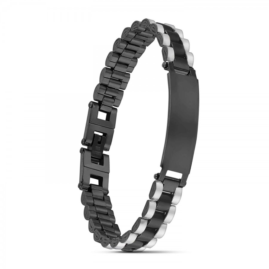 Siyah Beyaz İsim Yazılabilir Ful Çelik Bileklik