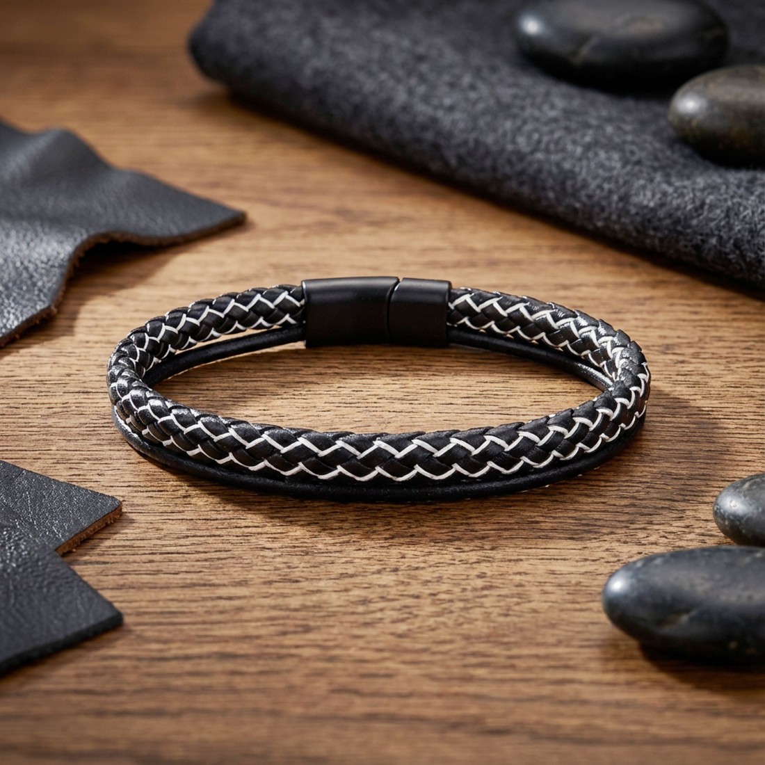 Siyah Beyaz Renk Çoklu Deri Bileklik