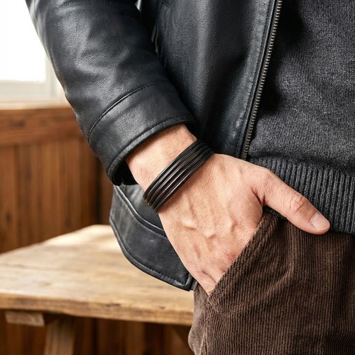 Siyah Çoklu Deri Ve Titianyum Kilitli Çelik Bileklik