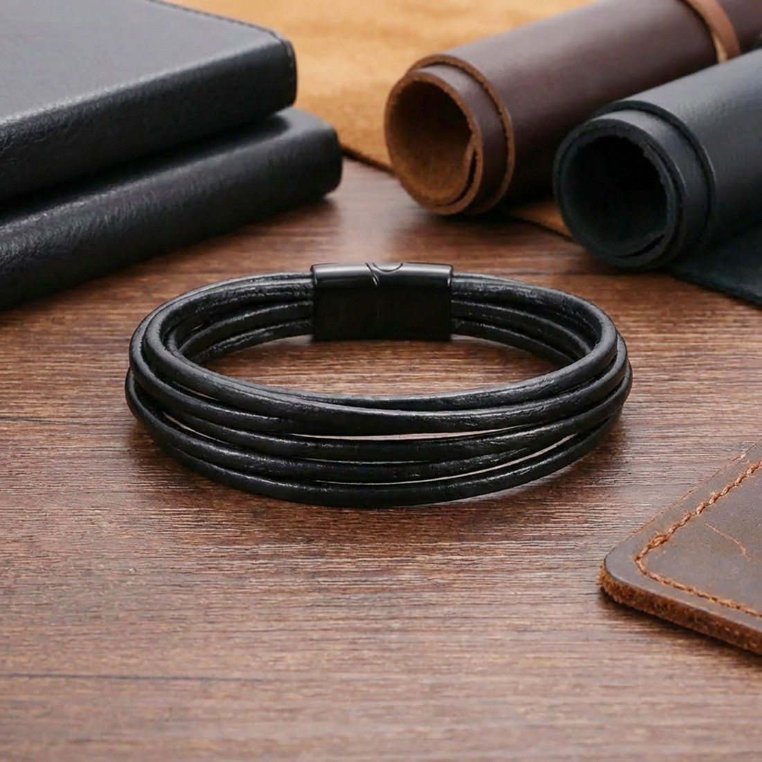 Siyah Çoklu Deri Ve Titianyum Kilitli Çelik Bileklik