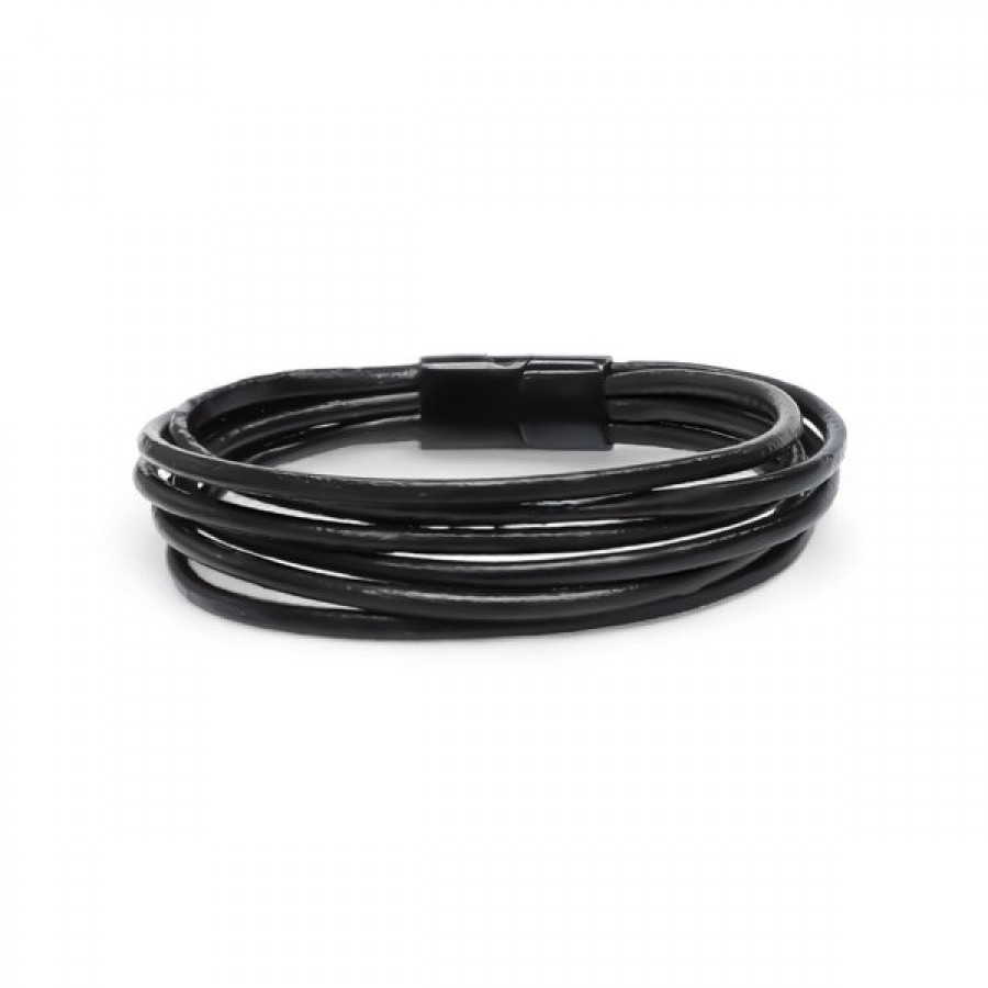 Siyah Çoklu Deri Ve Titianyum Kilitli Çelik Bileklik