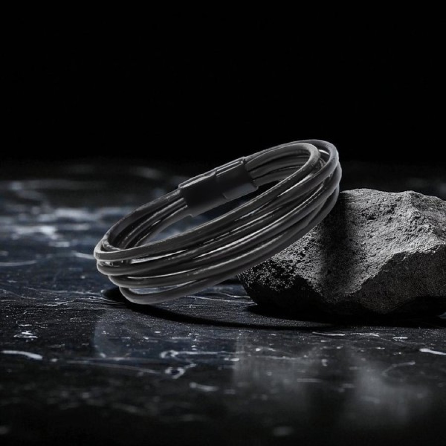 Siyah Çoklu Deri Ve Titianyum Kilitli Çelik Bileklik