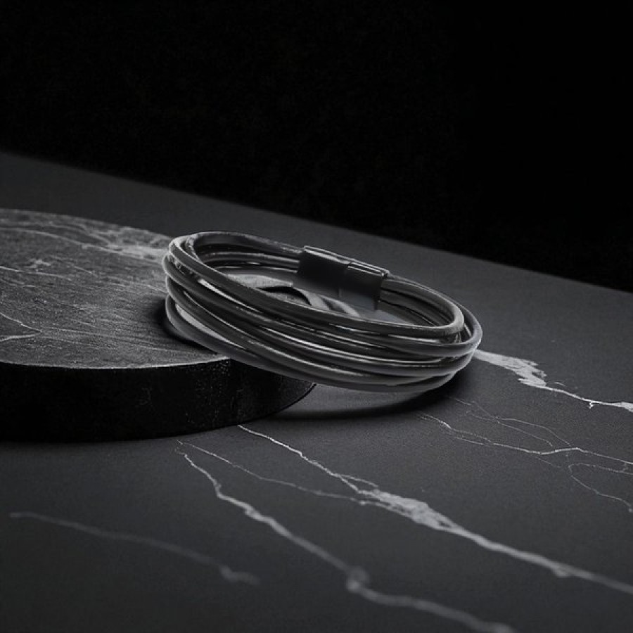 Siyah Çoklu Deri Ve Titianyum Kilitli Çelik Bileklik