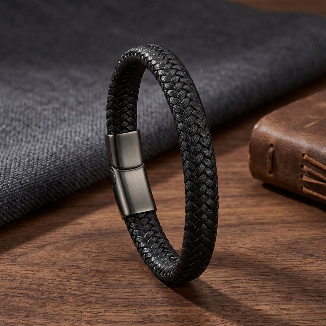 Siyah Deri Örgü Çelik Bileklik