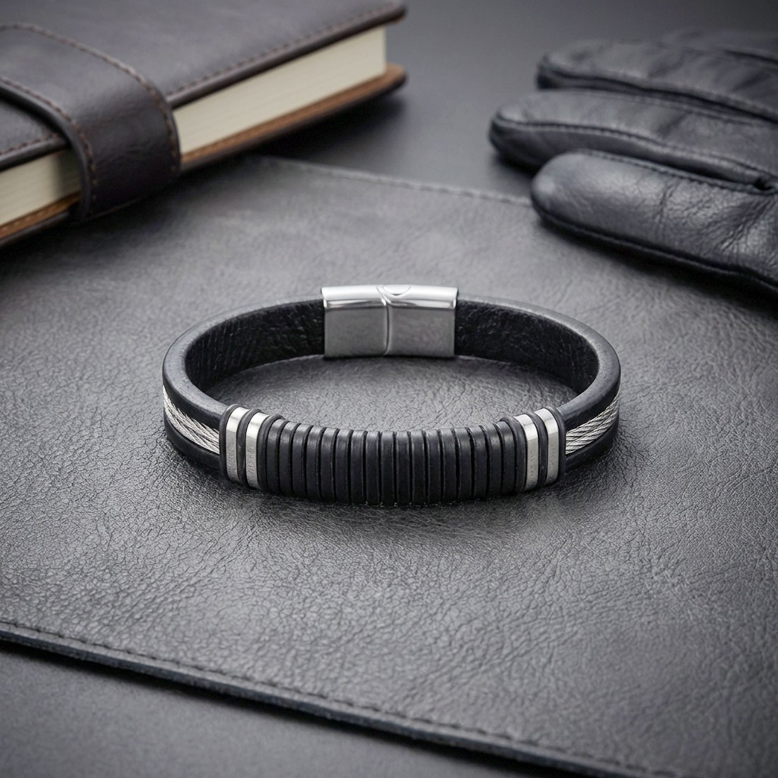 Siyah Deri ve 316L Halat Çelik Erkek Bileklik