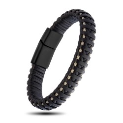 Siyah Deri Ve Çelik Erkek Bilekllik