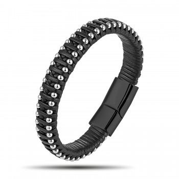 Siyah Deri Ve Damla Çelik Zincirli Bileklik