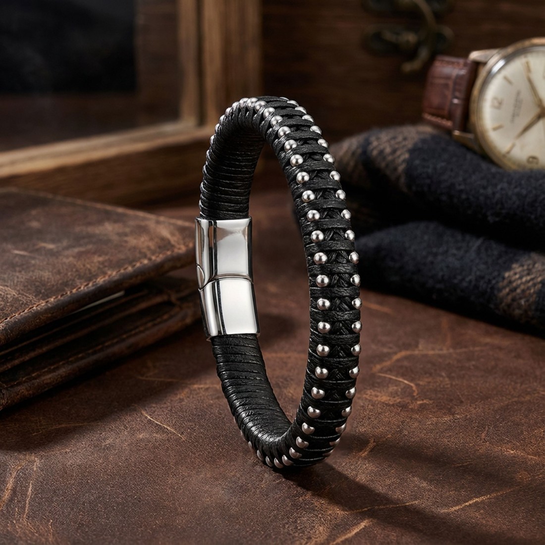 Damla Zincirli Çelik Ve Deri Bileklik