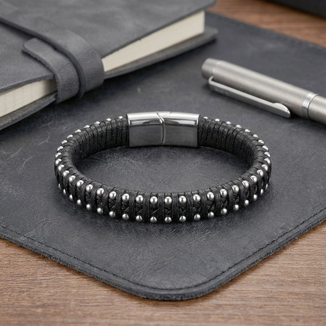 Damla Zincirli Çelik Ve Deri Bileklik