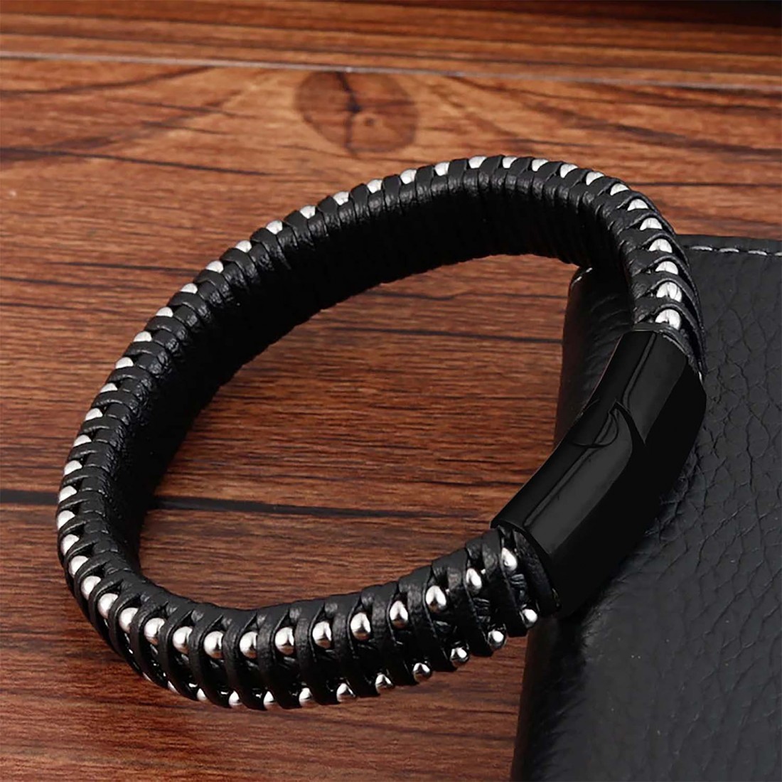 Damla Zincirli Çelik Ve Deri Bileklik