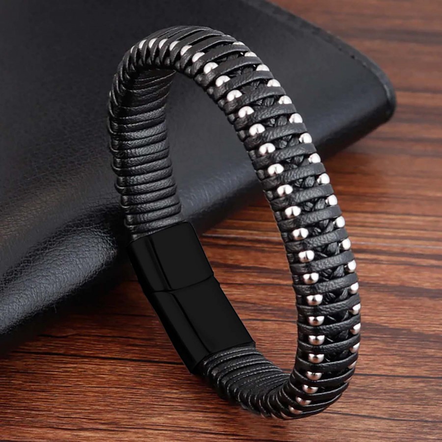 Damla Zincirli Çelik Ve Deri Bileklik