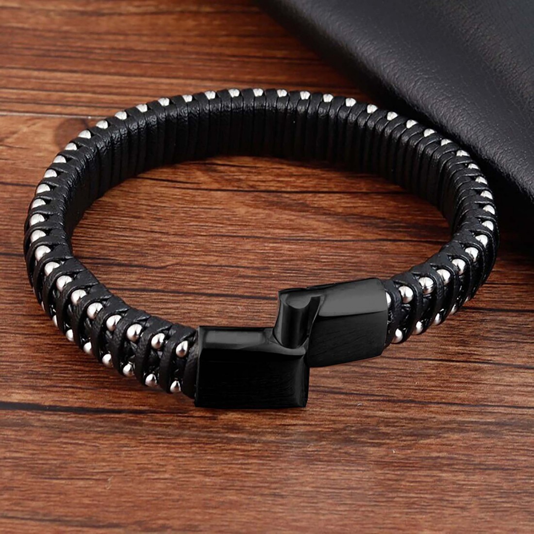 Damla Zincirli Çelik Ve Deri Bileklik