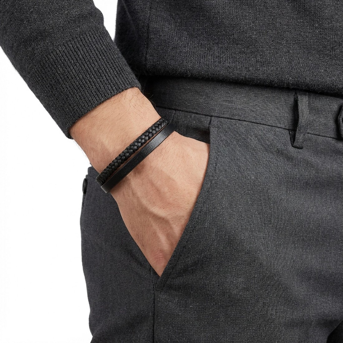 Siyah Deri Ve Saç Örgü İkili Çoklu Çelik Bileklik