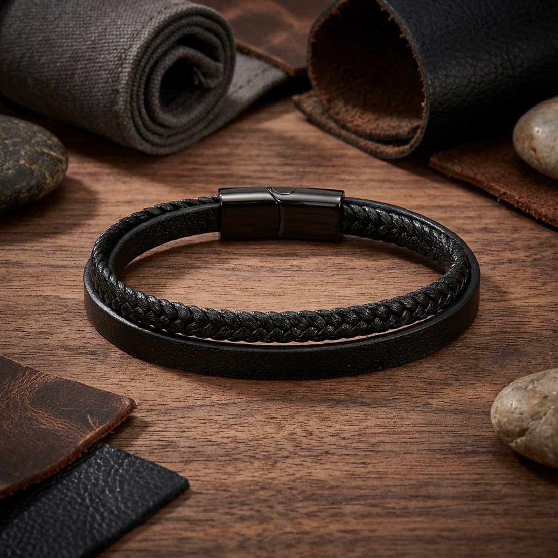 Siyah Deri Ve Saç Örgü İkili Çoklu Çelik Bileklik