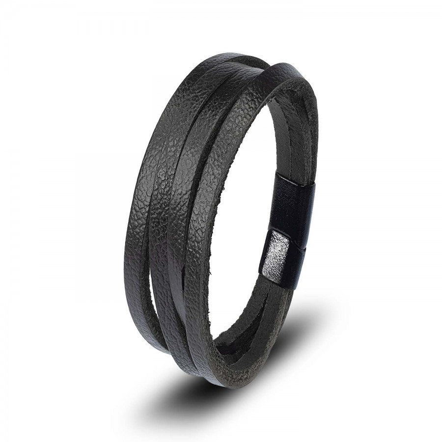 Siyah Hakiki Çoklu Deri Ve Çelik Bileklik