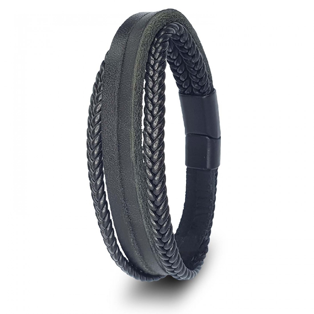 Siyah Hakiki Çoklu Deri Ve Çelik Bileklik