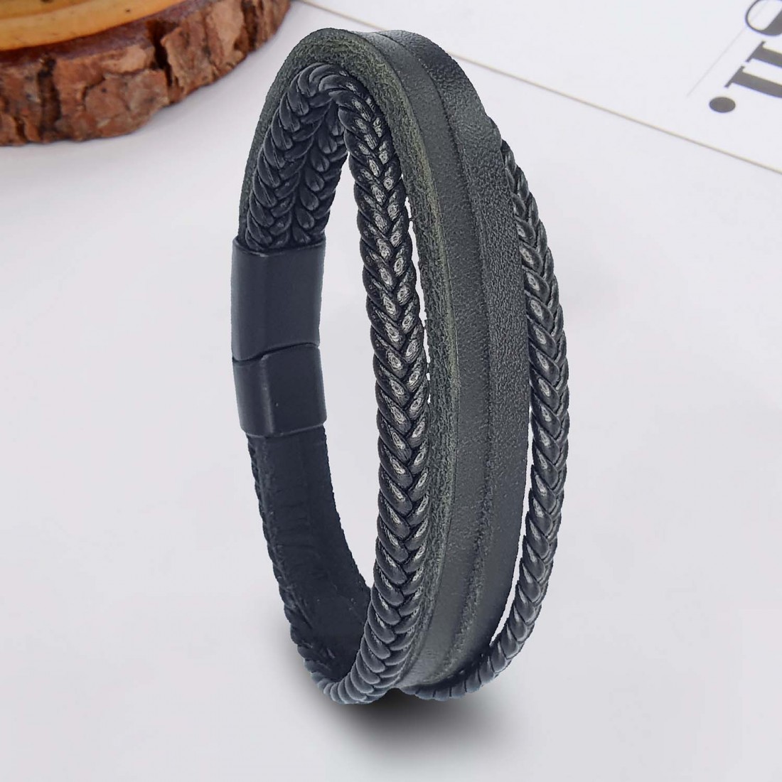 Siyah Hakiki Çoklu Deri Ve Çelik Bileklik