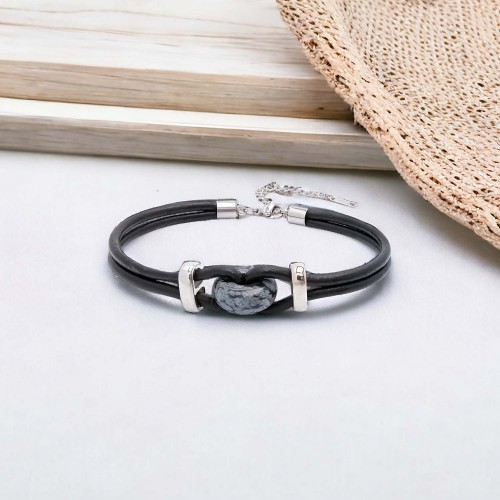 Siyah Jasper Doğal Taşlı Deri Ve Çelik Bileklik