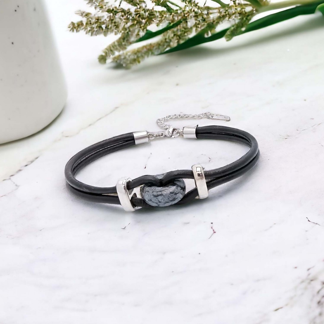 Siyah Jasper Doğal Taşlı Deri Ve Çelik Bileklik