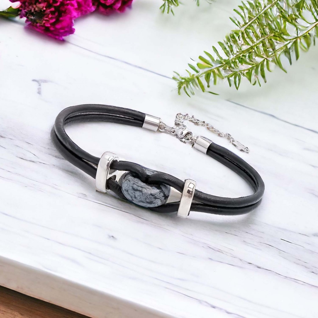 Siyah Jasper Doğal Taşlı Deri Ve Çelik Bileklik