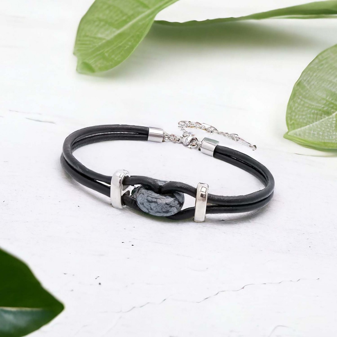 Siyah Jasper Doğal Taşlı Deri Ve Çelik Bileklik