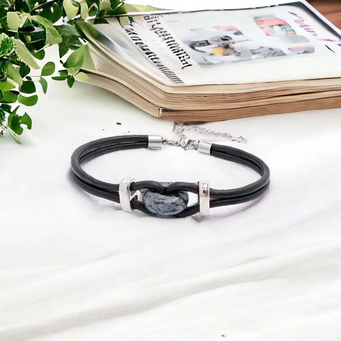 Siyah Jasper Doğal Taşlı Deri Ve Çelik Bileklik