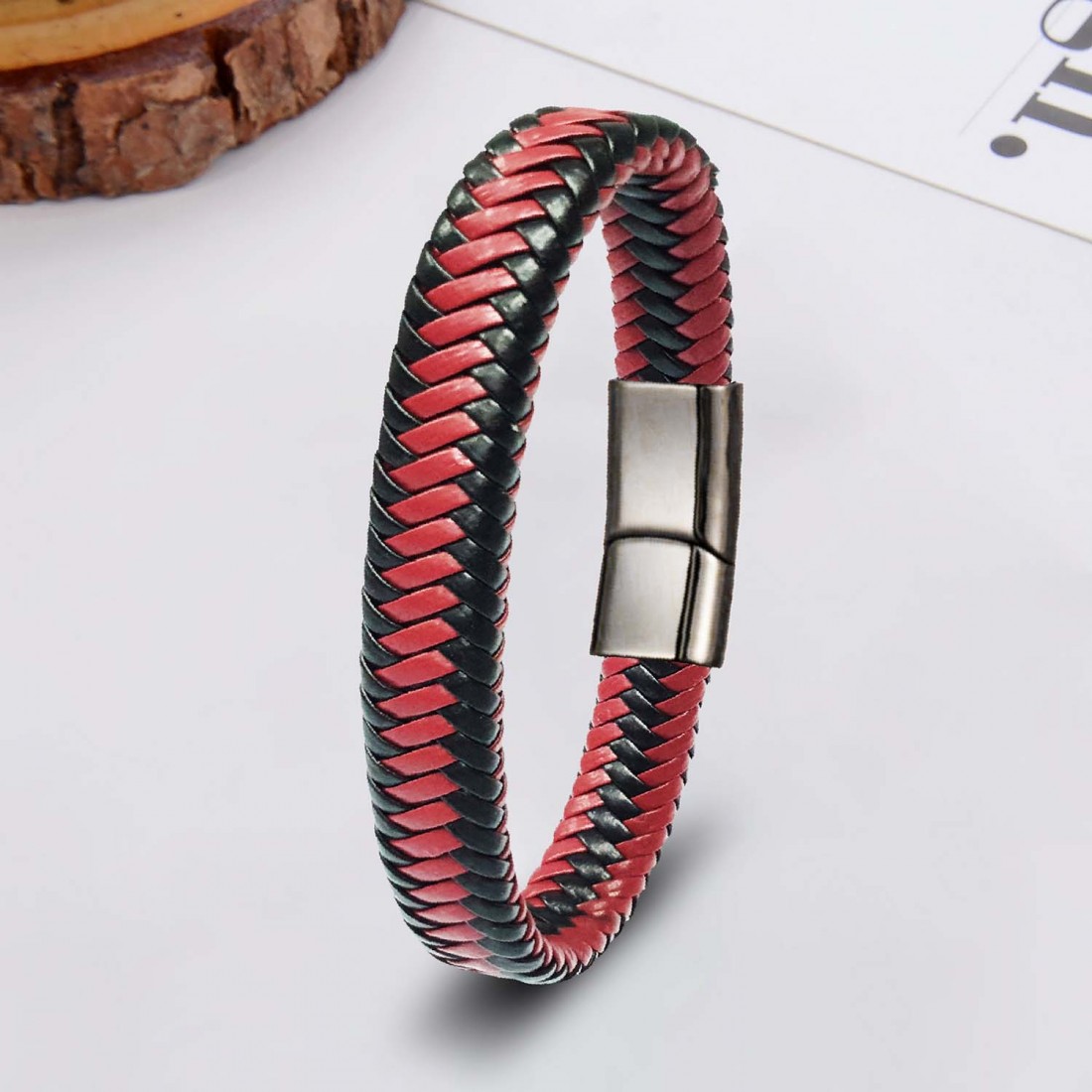 Siyah Kırmızı Deri Örgü Çelik Bileklik