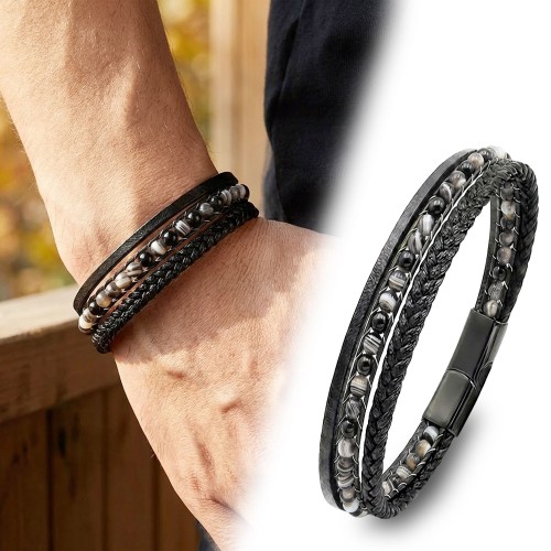 Akik Doğaltaş Ve Deri Çoklu Bileklik