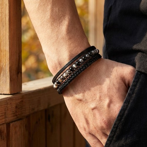 Akik Doğaltaş Ve Deri Çoklu Bileklik