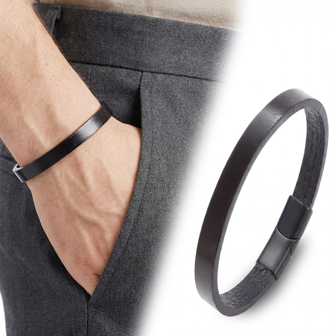 Siyah PU Deri Zamak Erkek Bileklik