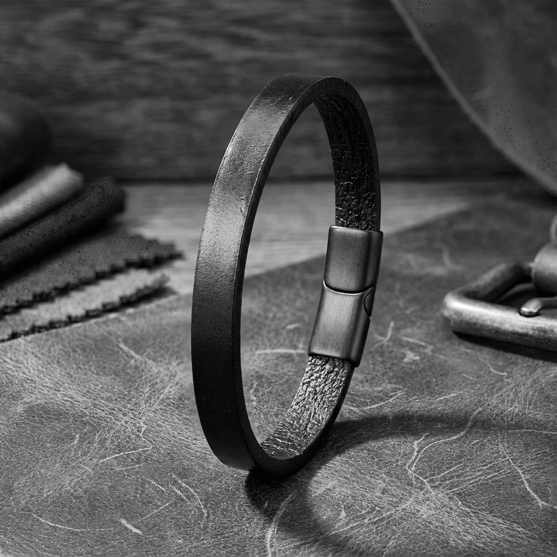 Siyah PU Deri Zamak Erkek Bileklik