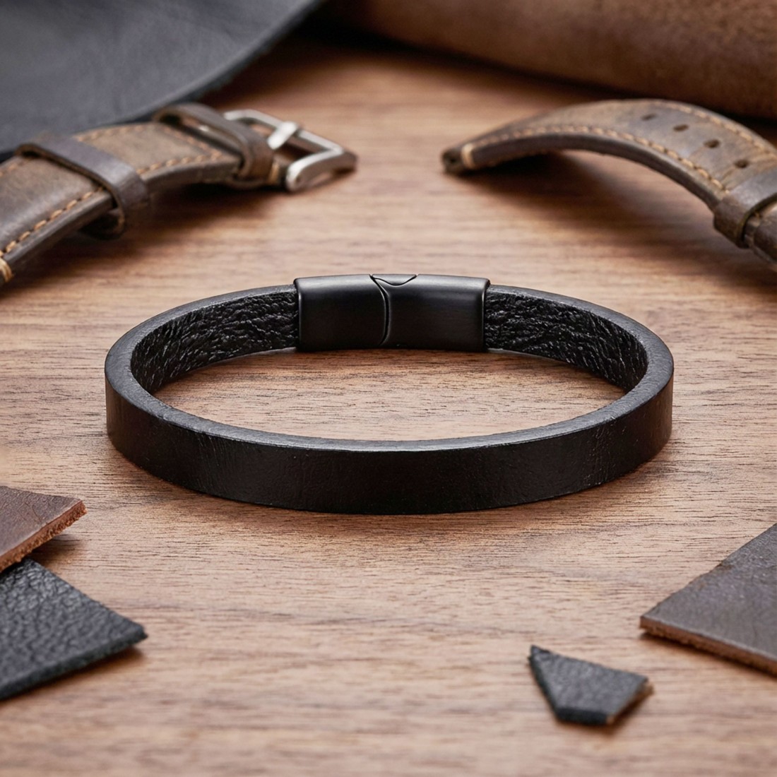 Siyah PU Deri Zamak Erkek Bileklik