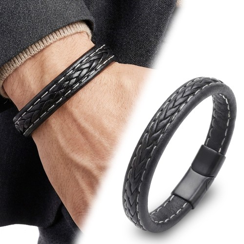 Siyah Saç Örgülü Deri Bileklik Zamak Kilit