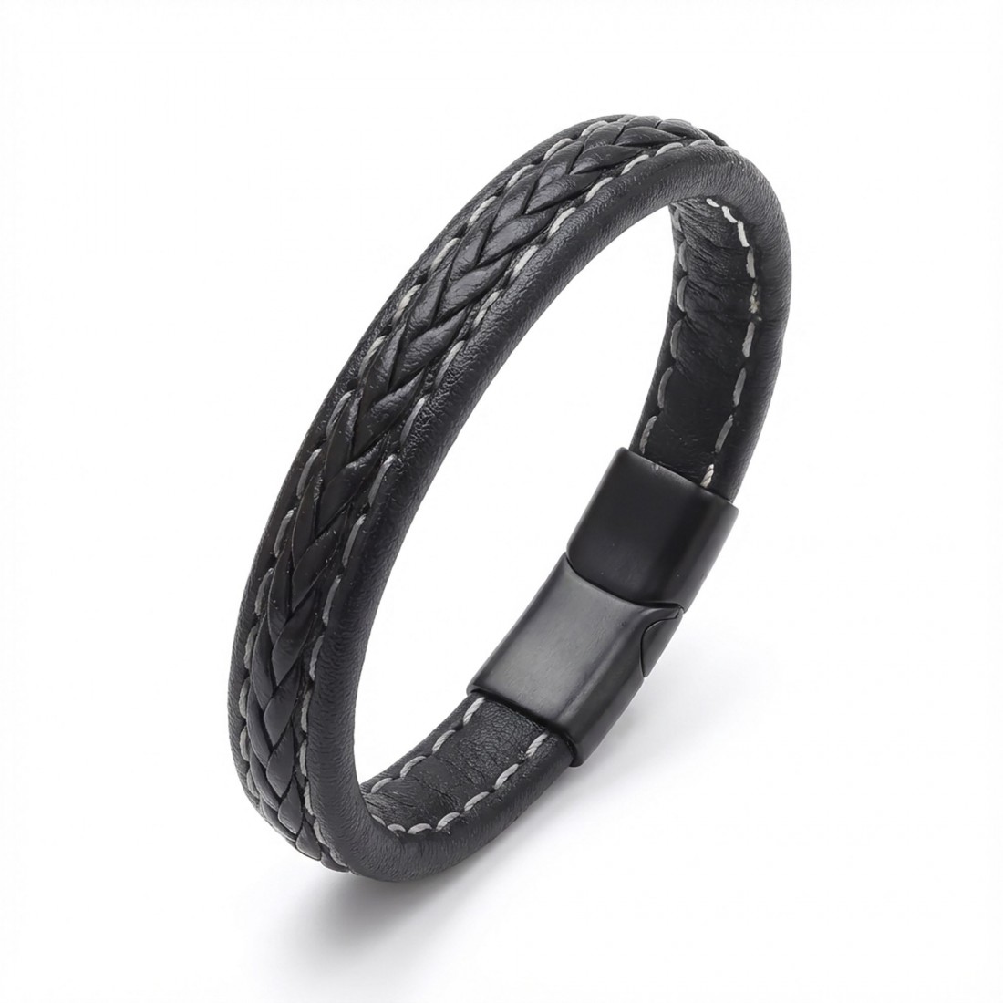 Siyah Saç Örgülü Deri Bileklik Zamak Kilit