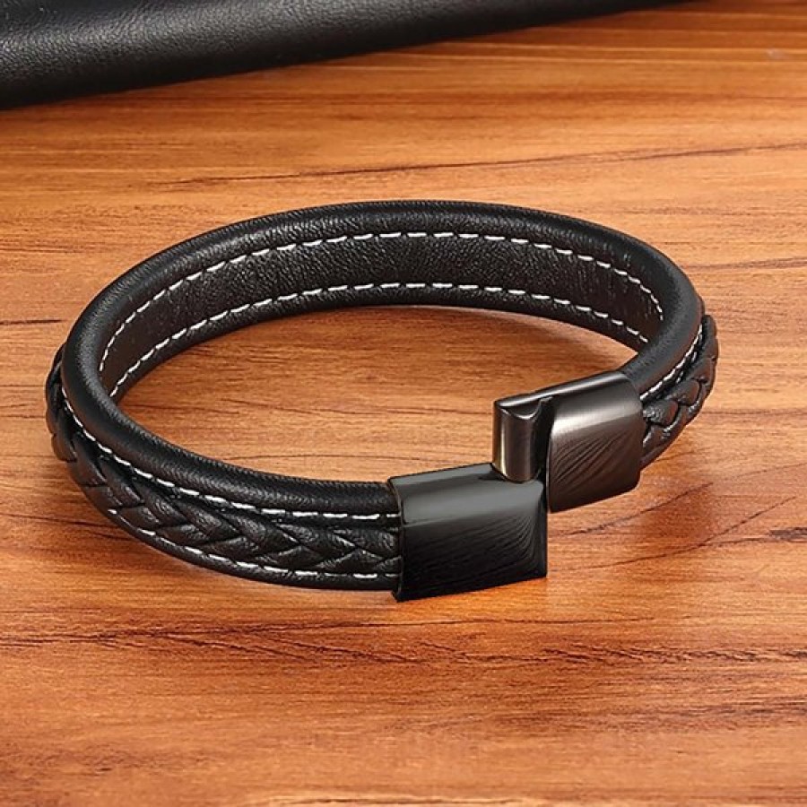 Siyah & Siyah Saç Örgülü Deri Ve Çelik Bileklik