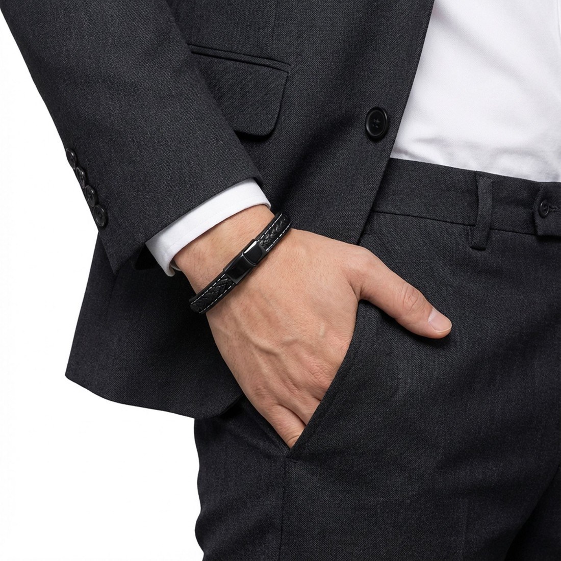 Siyah & Siyah Saç Örgülü Deri Ve Çelik Bileklik