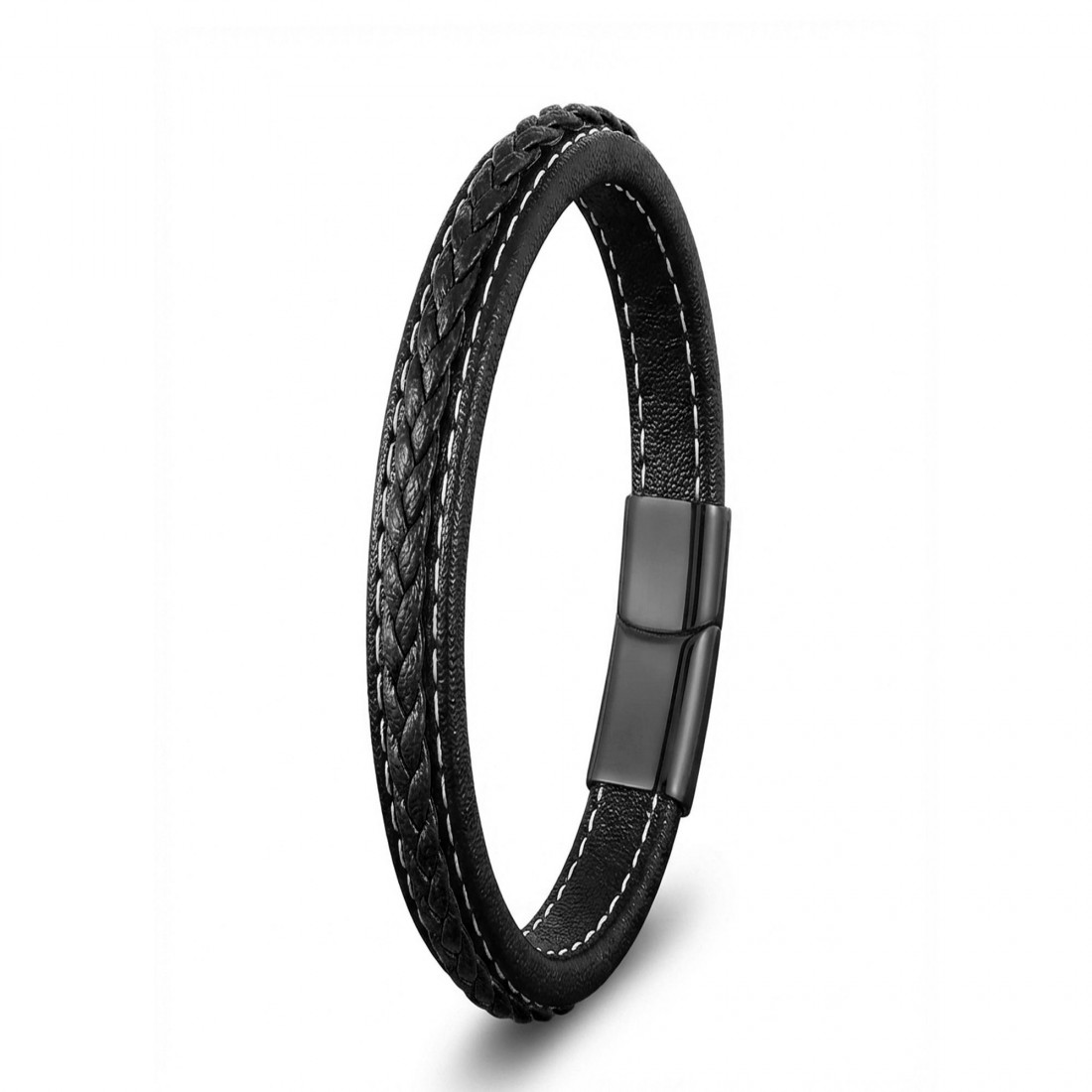 Siyah & Siyah Saç Örgülü Deri Ve Çelik Bileklik