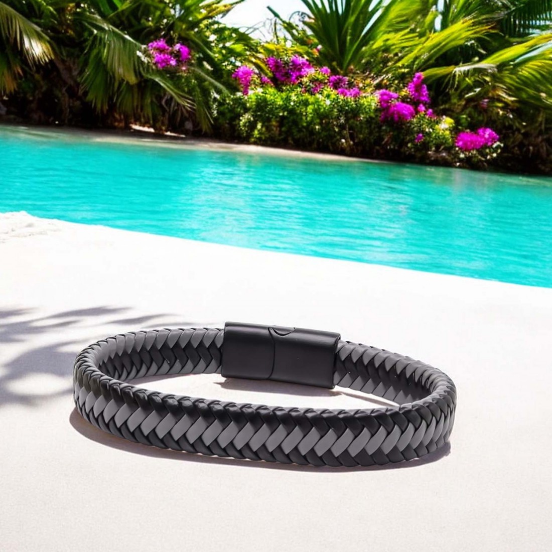 Siyah Ve Gri Renk Deri Örgü Çelik Bileklik