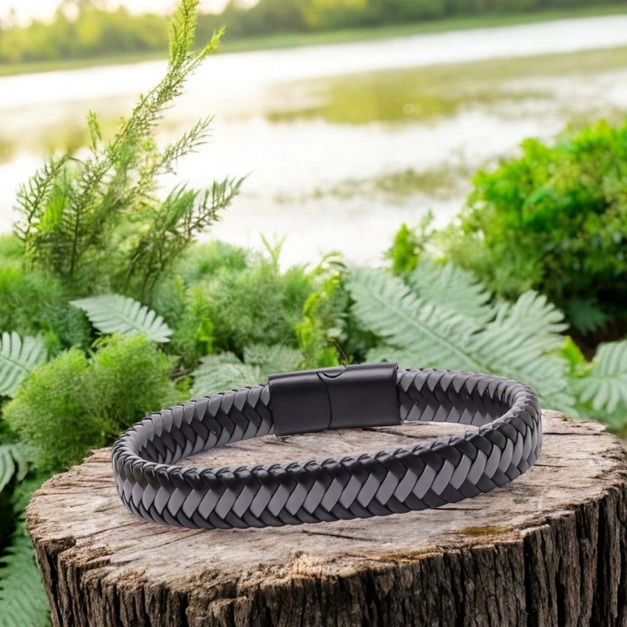 Siyah Ve Gri Renk Deri Örgü Çelik Bileklik