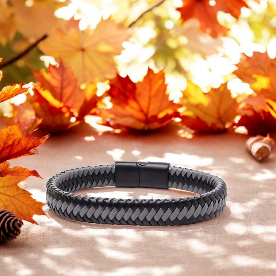 Siyah Ve Gri Renk Deri Örgü Çelik Bileklik