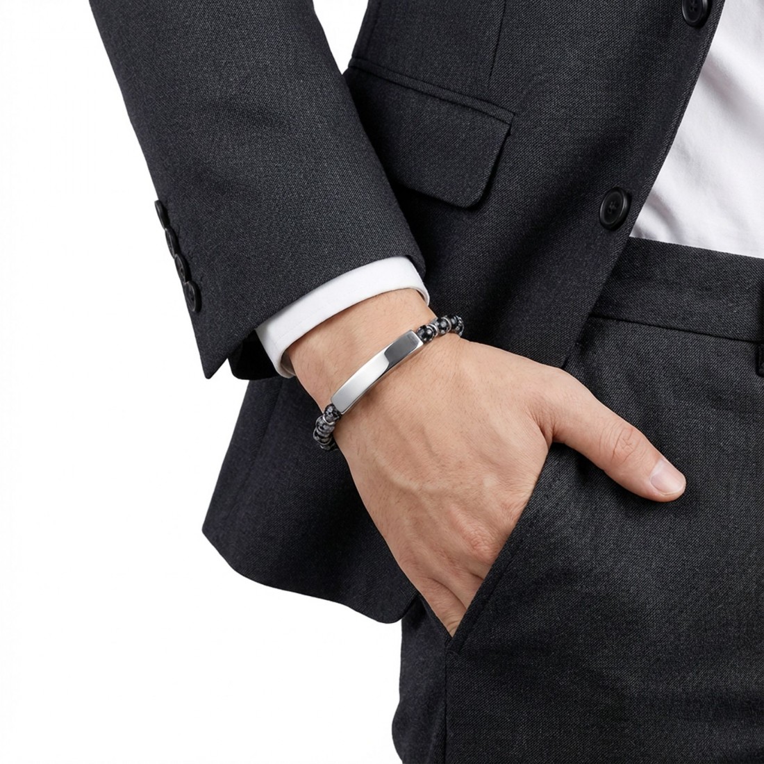 Snowy Obsidian Beyaz İsim Yazılabilir Ve Ayarlanabilir Çelik Zincir Bileklik