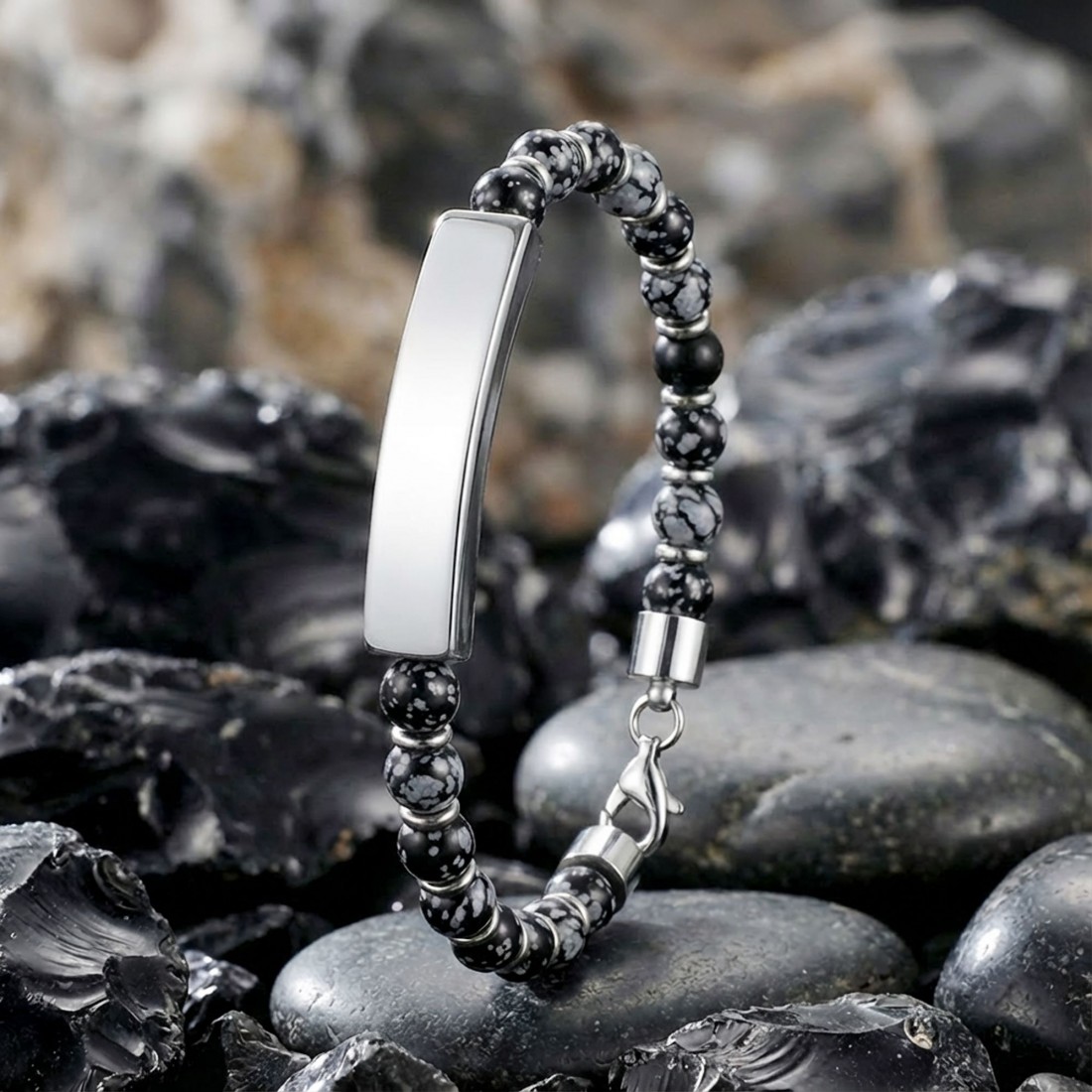 Snowy Obsidian Beyaz İsim Yazılabilir Ve Ayarlanabilir Çelik Zincir Bileklik