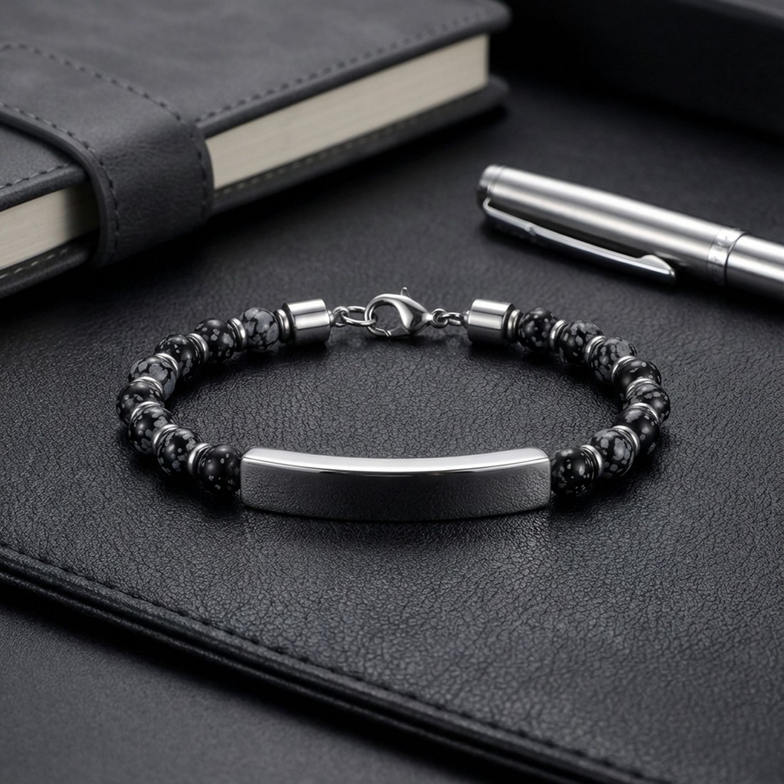 Snowy Obsidian Beyaz İsim Yazılabilir Ve Ayarlanabilir Çelik Zincir Bileklik