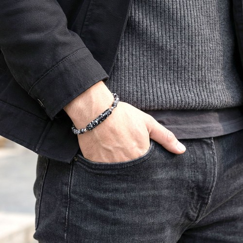 Snowy Obsidian Doğaltaş Çelik Halat Ve Çelik Klipsli Bileklik