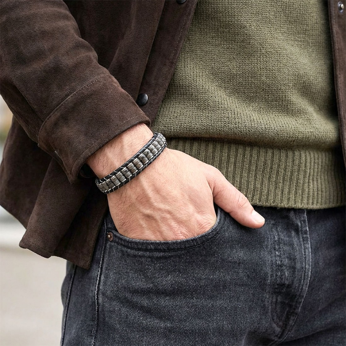 Spektrolit & Hematit Çelik Örgülü Deri Bileklik