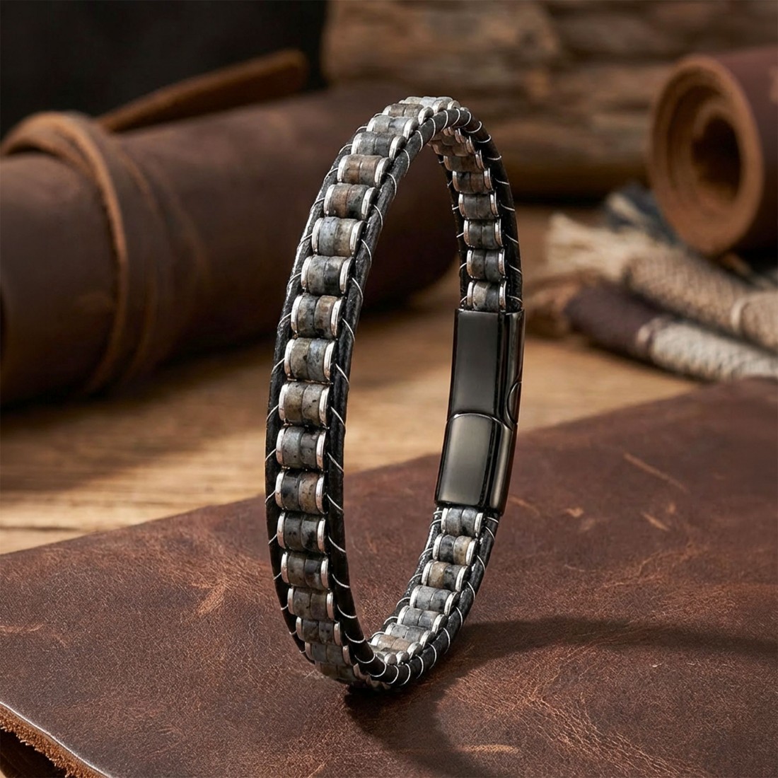Spektrolit & Hematit Çelik Örgülü Deri Bileklik