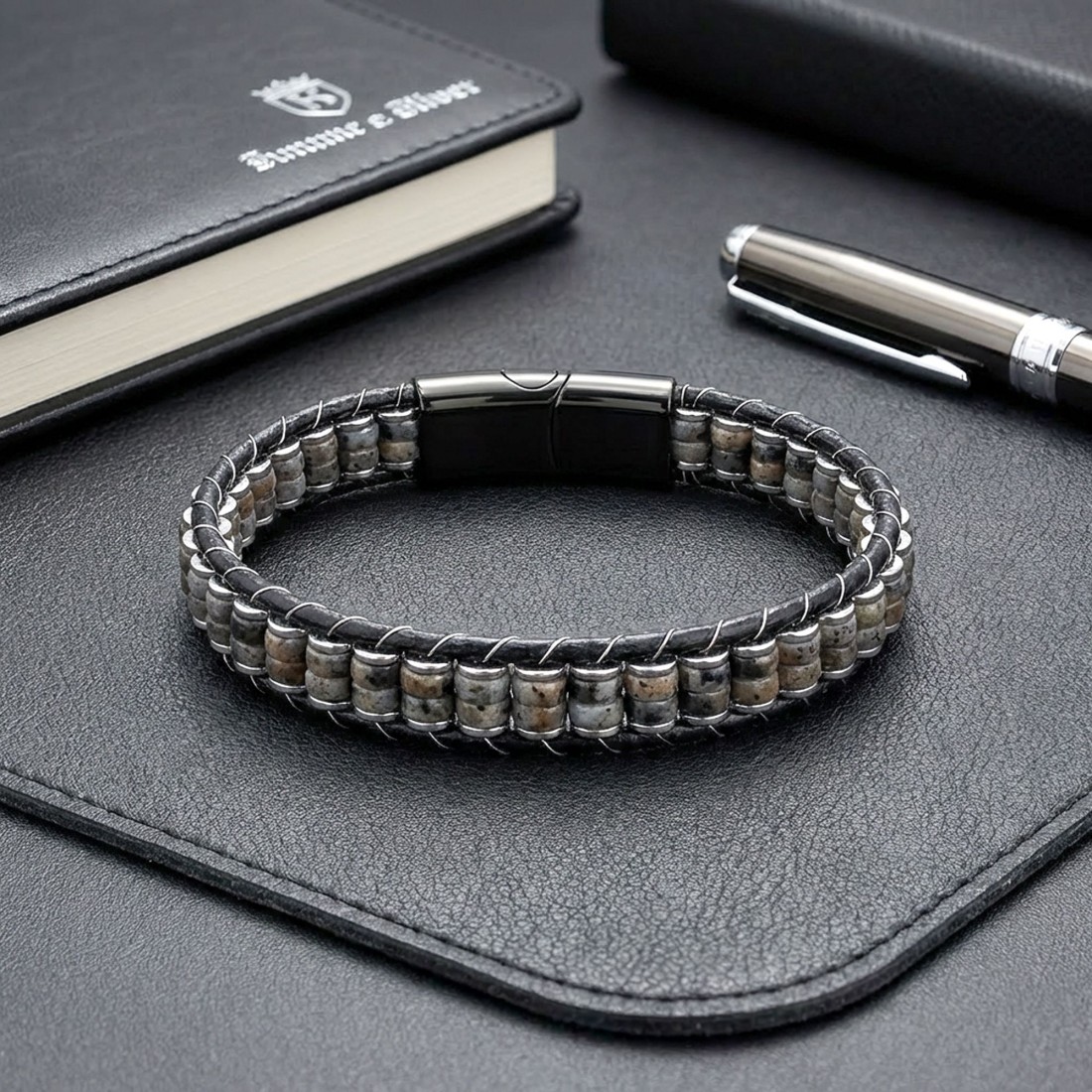 Spektrolit & Hematit Çelik Örgülü Deri Bileklik